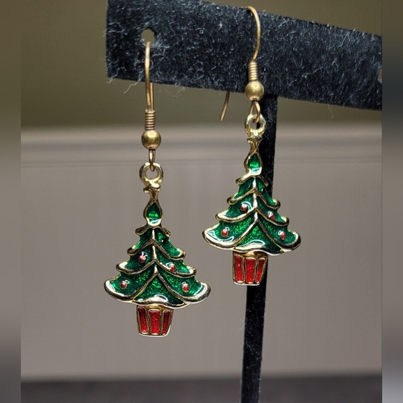 Jewelry - Enameled Christmas Tree Dangle Earrings